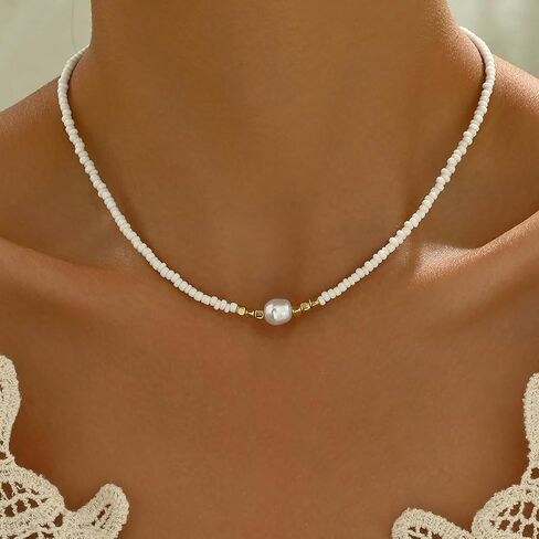 قلادة حبة Boho Boho Boho Boho قلادة خمر سلسلة حبة الأرز قلادة صغيرة من سلسلة لؤلؤة لؤلؤة هاواي الترقوة للشاطئ للنساء (أبيض) in Kuwait