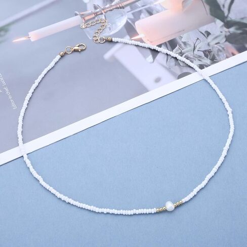 قلادة حبة Boho Boho Boho Boho قلادة خمر سلسلة حبة الأرز قلادة صغيرة من سلسلة لؤلؤة لؤلؤة هاواي الترقوة للشاطئ للنساء (أبيض) in Kuwait