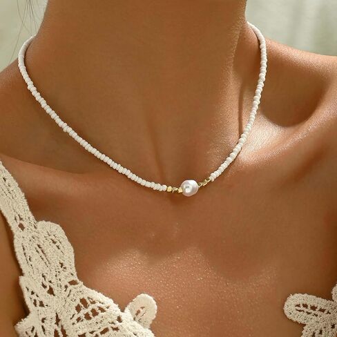 قلادة حبة Boho Boho Boho Boho قلادة خمر سلسلة حبة الأرز قلادة صغيرة من سلسلة لؤلؤة لؤلؤة هاواي الترقوة للشاطئ للنساء (أبيض) in Kuwait