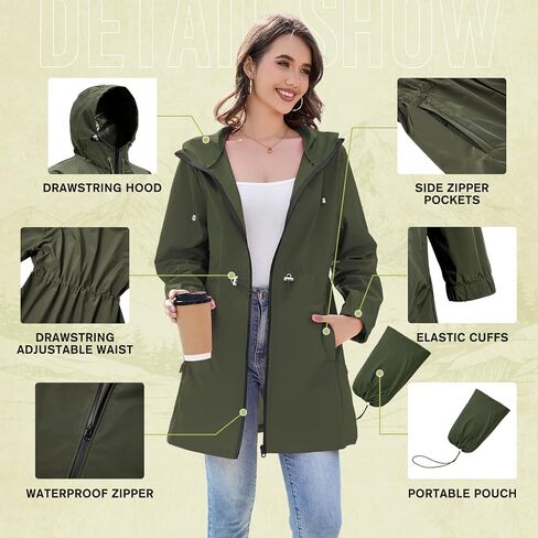 American Trends Rain Jacket Women Waterproof Packable Raincoats for Women Long Rain Coats Windbreaker in Saudi Arabia