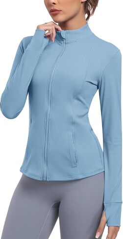 Women's Athletic Full Zip Lightweight Workout Jacket With Pockets Running Yoga Sportwear With Thumb Holes in Saudi Arabia