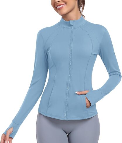 Women's Athletic Full Zip Lightweight Workout Jacket With Pockets Running Yoga Sportwear With Thumb Holes in Saudi Arabia
