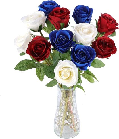 Hananona Artificial Roses Flowers for 4th of July Decorations, 12 Pcs Silk Rose Bouquet for Patriotic Flower Decor, Faux Roses for Independence Day Parties Cemetery Flowers (12, Red，White，Blue) in Kuwait