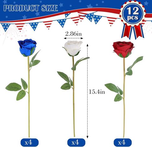 Hananona Artificial Roses Flowers for 4th of July Decorations, 12 Pcs Silk Rose Bouquet for Patriotic Flower Decor, Faux Roses for Independence Day Parties Cemetery Flowers (12, Red，White，Blue) in Kuwait