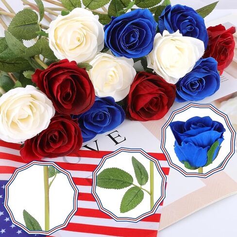 Hananona Artificial Roses Flowers for 4th of July Decorations, 12 Pcs Silk Rose Bouquet for Patriotic Flower Decor, Faux Roses for Independence Day Parties Cemetery Flowers (12, Red，White，Blue) in Kuwait