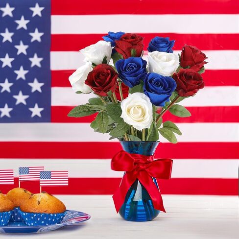 Hananona Artificial Roses Flowers for 4th of July Decorations, 12 Pcs Silk Rose Bouquet for Patriotic Flower Decor, Faux Roses for Independence Day Parties Cemetery Flowers (12, Red，White，Blue) in Kuwait