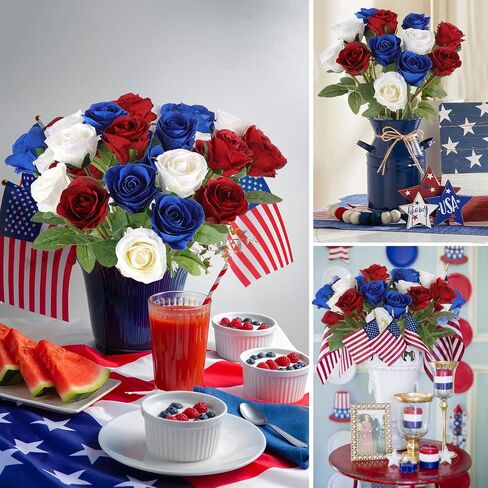Hananona Artificial Roses Flowers for 4th of July Decorations, 12 Pcs Silk Rose Bouquet for Patriotic Flower Decor, Faux Roses for Independence Day Parties Cemetery Flowers (12, Red，White，Blue) in Kuwait