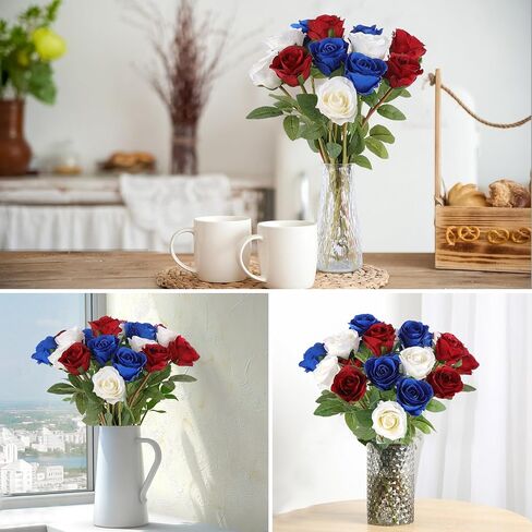 Hananona Artificial Roses Flowers for 4th of July Decorations, 12 Pcs Silk Rose Bouquet for Patriotic Flower Decor, Faux Roses for Independence Day Parties Cemetery Flowers (12, Red，White，Blue) in Kuwait