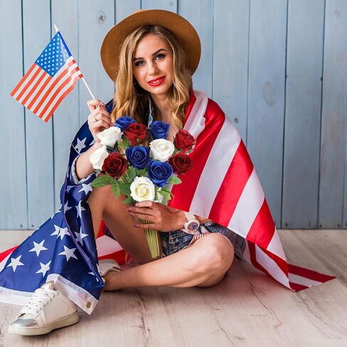 Hananona Artificial Roses Flowers for 4th of July Decorations, 12 Pcs Silk Rose Bouquet for Patriotic Flower Decor, Faux Roses for Independence Day Parties Cemetery Flowers (12, Red，White，Blue) in Kuwait