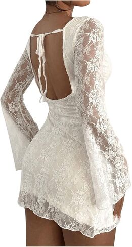 Soly Hux Lace Lace Mini Dress Tie Bell Long Long Sleeve Crew Neck Bodycon Dresses in Saudi Arabia