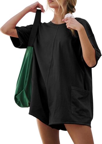 GTETKDE Rompers for Women Casual Short Sleeve Oversized Athletic Jumpsuits Workout Hot Shot Tee Romper Overalls with Pockets in Kuwait
