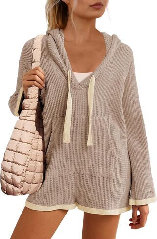 Yanekop Womens V Neck Romper Waffle Knit Jumpsuit Short Overalls Romper One Piece Jumper with Hoodie in Saudi Arabia