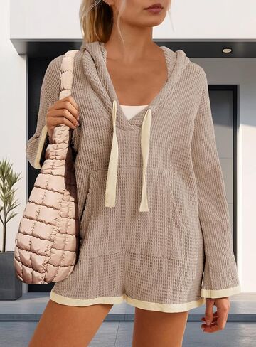 Yanekop Womens V Neck Romper Waffle Knit Jumpsuit Short Overalls Romper One Piece Jumper with Hoodie in Saudi Arabia