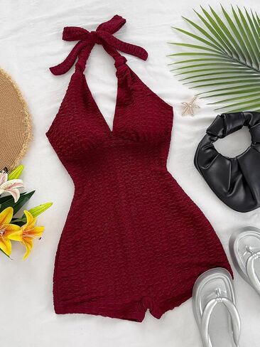 MakeMeChic Women's Halter Short Rompers Summer One Piece Jumpsuits Backless Shapewear in Kuwait