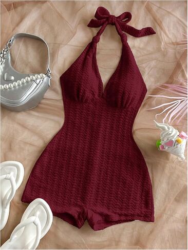 MakeMeChic Women's Halter Short Rompers Summer One Piece Jumpsuits Backless Shapewear in Kuwait