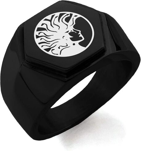 Black IP Plated Stainless Steel Greek Mythology Phoenix Hexagon Crest Flat Top Biker Style Polished Ring, Size 8 in Saudi Arabia