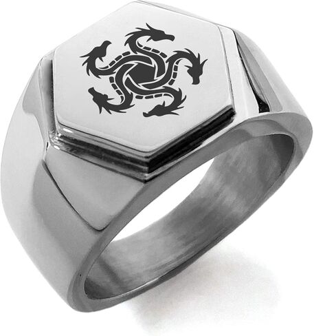 Black IP Plated Stainless Steel Greek Mythology Phoenix Hexagon Crest Flat Top Biker Style Polished Ring, Size 8 in Saudi Arabia