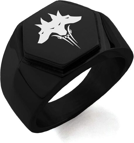 Black IP Plated Stainless Steel Greek Mythology Phoenix Hexagon Crest Flat Top Biker Style Polished Ring, Size 8 in Saudi Arabia
