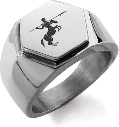 Black IP Plated Stainless Steel Greek Mythology Phoenix Hexagon Crest Flat Top Biker Style Polished Ring, Size 8 in Saudi Arabia