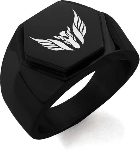 Black IP Plated Stainless Steel Greek Mythology Phoenix Hexagon Crest Flat Top Biker Style Polished Ring, Size 8 in Saudi Arabia