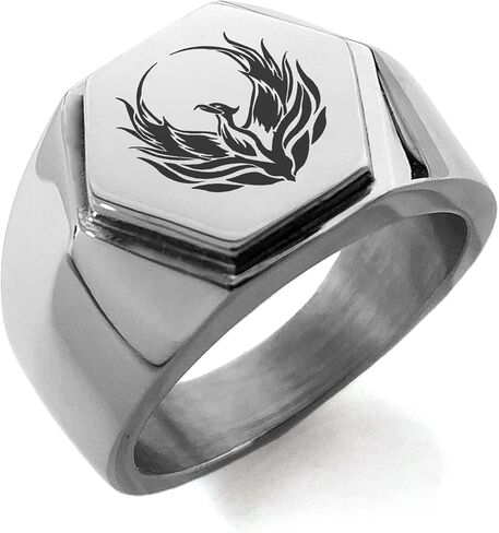 Black IP Plated Stainless Steel Greek Mythology Phoenix Hexagon Crest Flat Top Biker Style Polished Ring, Size 8 in Saudi Arabia