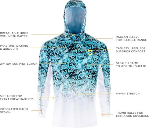 Synker Stealth All Weather Performance Fishing Camo Hoodie | UPF 50+ قميص طويل الأكمام للرجال والنساء ، التمويه in Kuwait