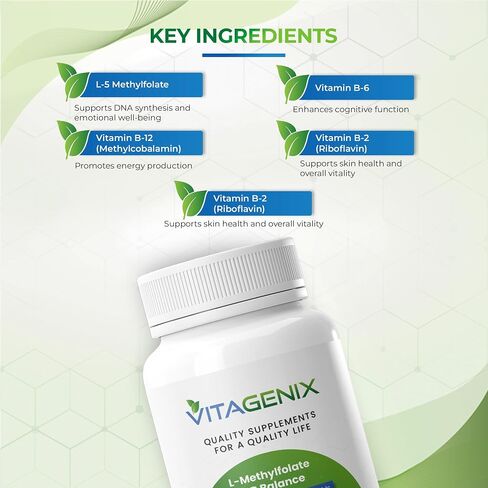 L -methylfolate + B التوازن - القوة المهنية النشطة بيولوجيًا 5 -MTHF + B6 ، B2 و B12 مجمع ميثيل كوبالامين ب - يدعم الحالة المزاجية ، الميثيل والإدراك - 15mg - 60 كبسولة in Saudi Arabia