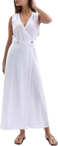 Amazhiyu للسيدات 100 ٪ الكتان الصيفي أكياس V-neck Wrap Midi Dresses in Saudi Arabia