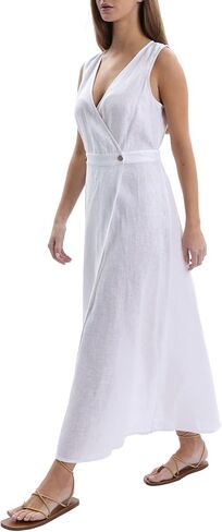 Amazhiyu للسيدات 100 ٪ الكتان الصيفي أكياس V-neck Wrap Midi Dresses in Saudi Arabia