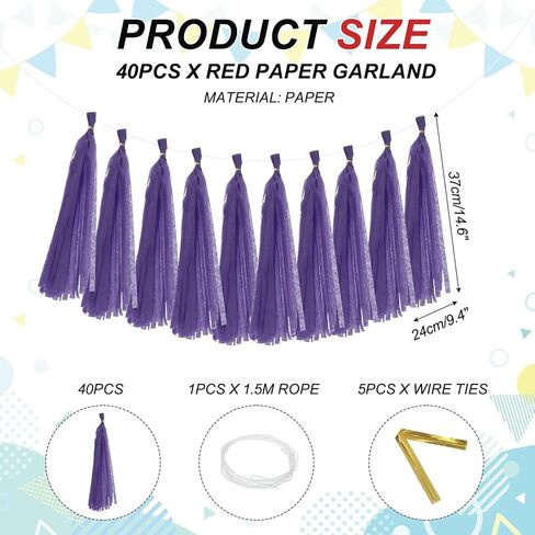 MECCANIXITY 40Pcs Tassel Garland Banner Tissue Paper for Streamers Party Decorations, Valentine's Day Birthday Decor for Women with Rope and Tie Wire (Wine Red, 14.6Inch) in Saudi Arabia