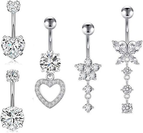 Belly Button Ring Surgical Stainless Steel Belly Rings CZ Heart Butterfly Flower Belly Button Ring Clicker Belly Piercings for Women Navel Piercings Pack in Saudi Arabia
