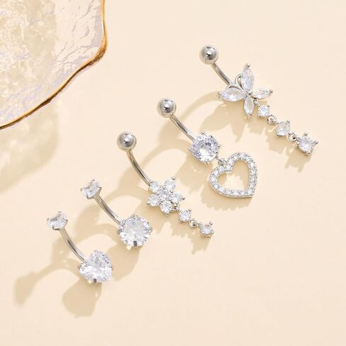 Belly Button Ring Surgical Stainless Steel Belly Rings CZ Heart Butterfly Flower Belly Button Ring Clicker Belly Piercings for Women Navel Piercings Pack in Saudi Arabia