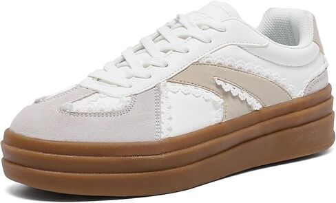 Women's Platform Retro Fashion Sneakers- Lace Detail Casual Walking Shoes-Gum Thick Sole Comfort Tennis Skate Shoes in Saudi Arabia