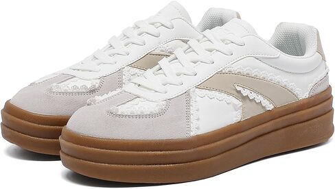 Women's Platform Retro Fashion Sneakers- Lace Detail Casual Walking Shoes-Gum Thick Sole Comfort Tennis Skate Shoes in Saudi Arabia