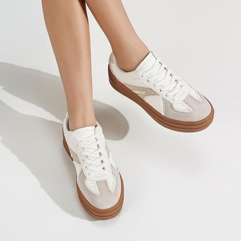 Women's Platform Retro Fashion Sneakers- Lace Detail Casual Walking Shoes-Gum Thick Sole Comfort Tennis Skate Shoes in Saudi Arabia