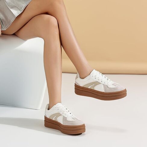 Women's Platform Retro Fashion Sneakers- Lace Detail Casual Walking Shoes-Gum Thick Sole Comfort Tennis Skate Shoes in Saudi Arabia