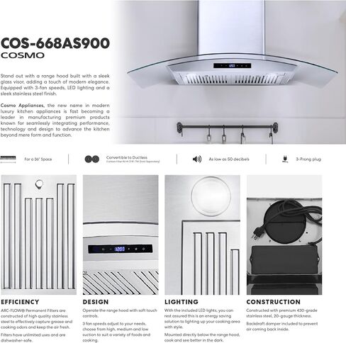 COSMO 668AS900 Wall Mount Range Hood with 380 CFM, Ducted Exhaust Vent, 3 Speeds, Tempered Glass Hood, LCD Display Touch Control Panel in Stainless Steel (36 inch) in Saudi Arabia