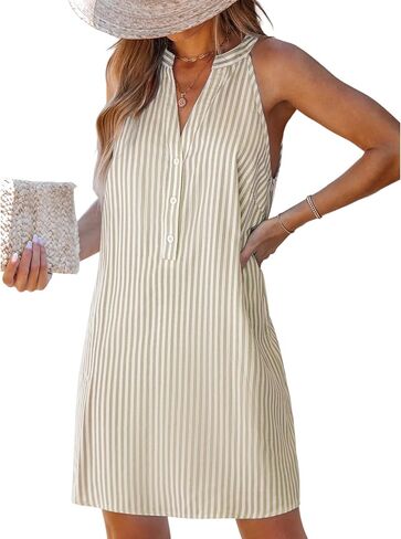 CUPSHE Womens Summer Dresses V Neck Sleeveless Striped Button Up Mini Casual Coverup Dress in Kuwait