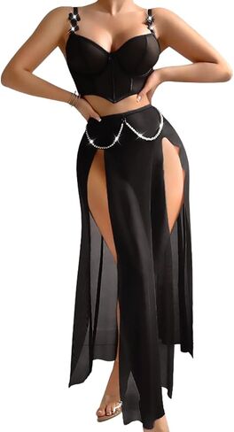 Kaei&Shi High Slit Sexy Lingerie For Women,Sheer Mesh Corset & Pearl Skirt Set,3 Piece Boudoir Outfits Exotic Dancewear in Saudi Arabia
