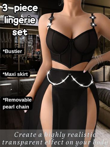 Kaei&Shi High Slit Sexy Lingerie For Women,Sheer Mesh Corset & Pearl Skirt Set,3 Piece Boudoir Outfits Exotic Dancewear in Saudi Arabia