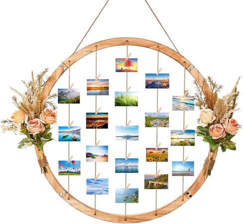 Wood Picture Frames for Wall Decor, 23.62" Round Hanging Photo Broad with Artificial Flowers and 15 Clips, Adjustable Twines Collage Artworks Prints Multi Polaroid Pictures Organizer Graduation Decorations Class of 2025 in Saudi Arabia
