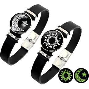 2PCS Sun Star Moon Glow-in-the-Dark ، أساور جلدية أسود للرجال والسيدات ، أساور Sun Moon Star.