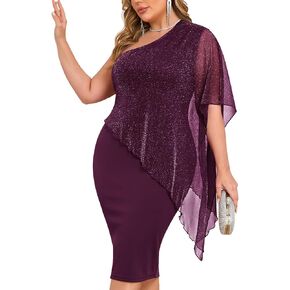 ZOMVA Plus Size One Shoulder Cape Dress Sparkly Overlay Bodycon Midi Wedding Guest Formal Cocktail Mother of Bride Outfit in Kuwait
