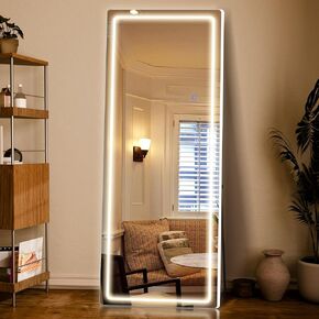 Arched Mirror Full Length, 63" x 20" Full Length Mirror with Stand, HD Reflection & Tempered Glass, LED Floor Mirror for Living Room Bedroom Cloakroom, Black
