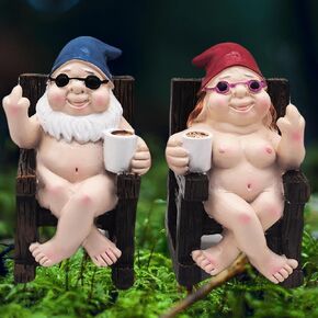 Middle Finger Gnomes in Rocking Chairs, Funny Naked Couple Gnome Figurines, Naughty Gifts Dwarf Indoor Home Table Decorations
