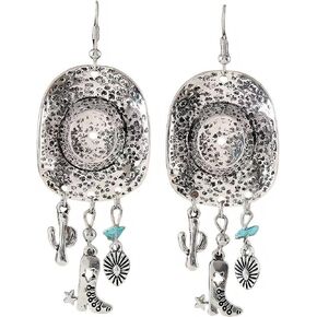 18K Gold Plated, Western Cowboy Hat Dangle Earrings – Silver Boho Drop Earrings with Boot, Cactus & Charm Accents – Southwestern Statement Jewelry for Women #D010425