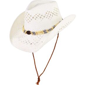Cute Comfy Flex Fit Woven Beach Cowboy Hat, Western Cowgirl Hat with Wooden Beaded Hatband