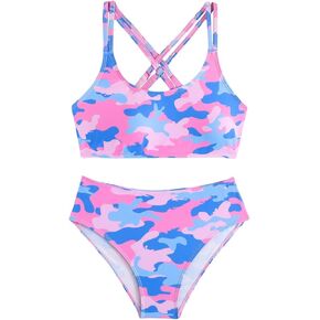 COZYEASE Girl's 2 Pieces Swimwear Set Camo Print Graphic Swimsuit Backless High Waist Bikini