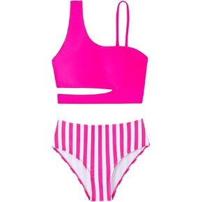Floerns Girl's Cut Out Asymmetrical Neck 2 Piece Bikini Set Striped High Waisted Bathing Suit