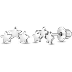 925 Sterling Silver Banded Star Safety Screw Back Earrings For Little Girls & Preteens - Adorable Celestial Star Earrings For Children - Polished Star Earrings For Young Girls